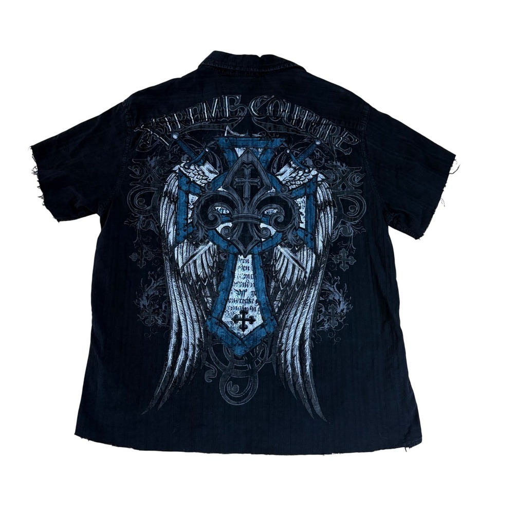 Xtreme Couture Mens XL Black Blue Graphic Cross Fleur De Lis Cutoff Grunge Shirt